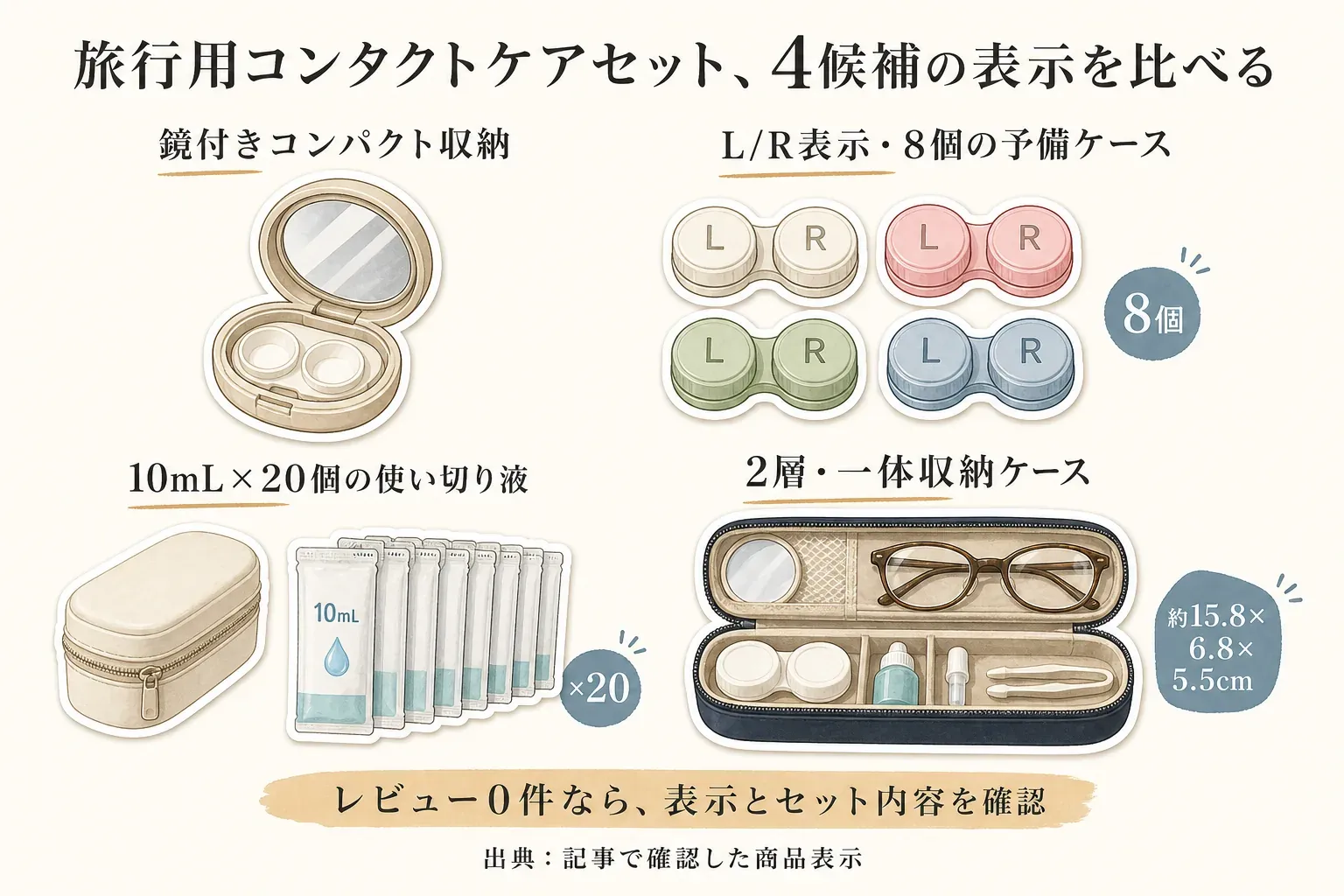 旅行用コンタクトケアセット4候補の表示を比べる図。鏡付きコンパクト収納、L/R表示付き8個の予備ケース、10mL入り使い切り液20個とケース、メガネ・コンタクト用品・鏡・ボトルなどを収める約15.8×6.8×5.5cmの2層一体収納ケースを示し、レビュー0件なら表示とセット内容を確認すると説明している。出典：記事で確認した商品表示
