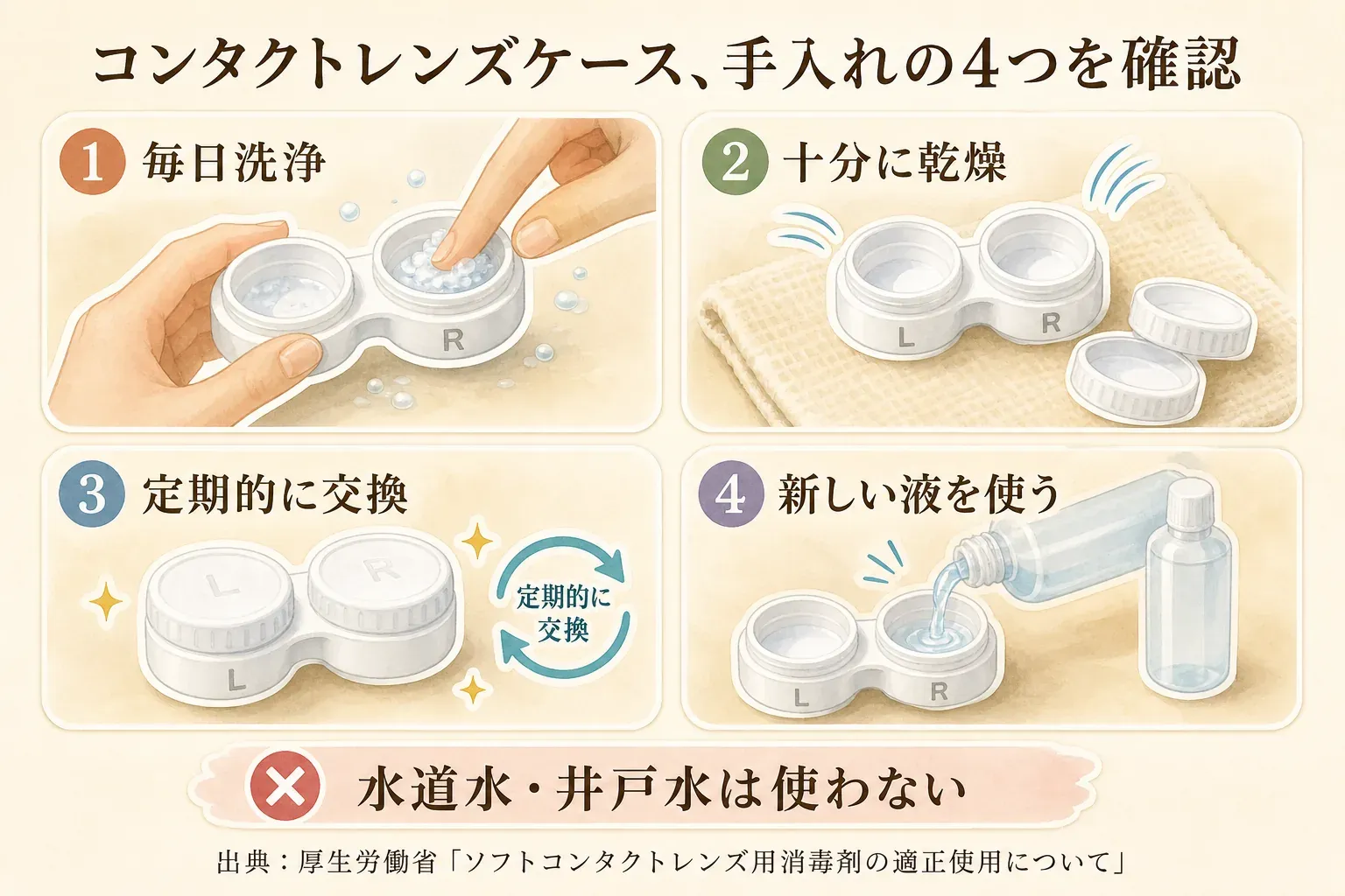 コンタクトレンズケースの手入れ手順を示す図。ケースを毎日洗浄し、十分に乾燥させ、定期的に新しいケースへ交換する流れと、レンズの洗浄・保存には新しい液を使い、水道水や井戸水を使わない注意を示している。出典：厚生労働省「ソフトコンタクトレンズ用消毒剤の適正使用について」