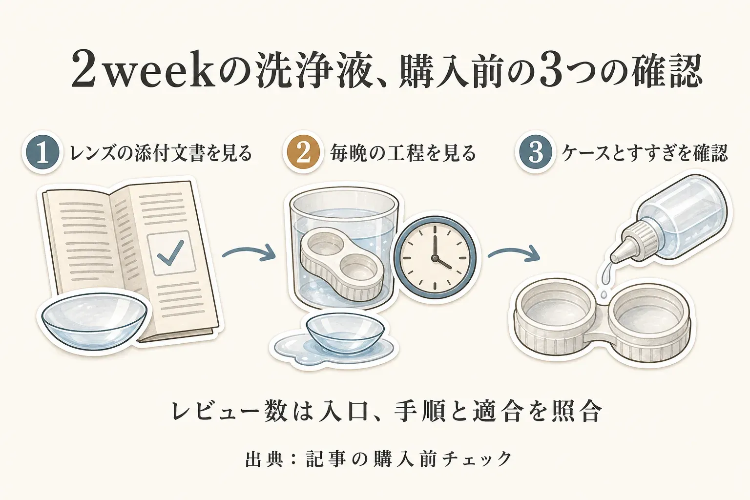 2week用洗浄液を購入する前の3つの確認を示す図。1はレンズの添付文書を見る、2は専用ケース・薬剤・放置時間を含む毎晩の工程を見る、3はケースとすすぎの扱いを確認するという順番で、レビュー数は入口として手順と適合を照合すると説明している。出典：記事の購入前チェック