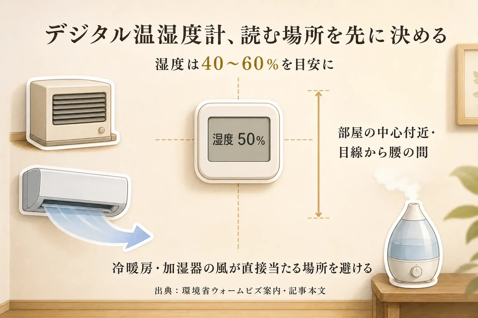 温湿度計を冷暖房や加湿器の風が直接当たる位置ではなく、部屋の中心付近で人の目線から腰の高さに置き、卓上では普段座る場所から画面が読める向きにする配置を示した図。出典：環境省「節約アドバイザーの和田由貴先生に聞きました！光熱費を抑え、快適に冬を過ごすポイントとは？」