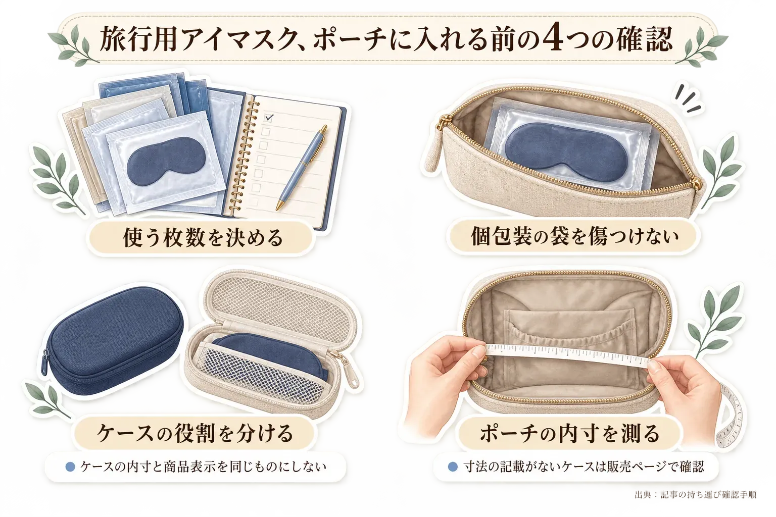 旅行用アイマスクをポーチに入れる前の4つの確認を示した図。使う枚数を決める、個包装の袋を傷つけない、ケース単体とケース付きセットの役割を分ける、ポーチの内寸を測るという手順と、ケースの内寸と商品表示を同じものにせず、寸法記載のないケースは販売ページで確認する注意を示す。出典：記事の持ち運び確認手順