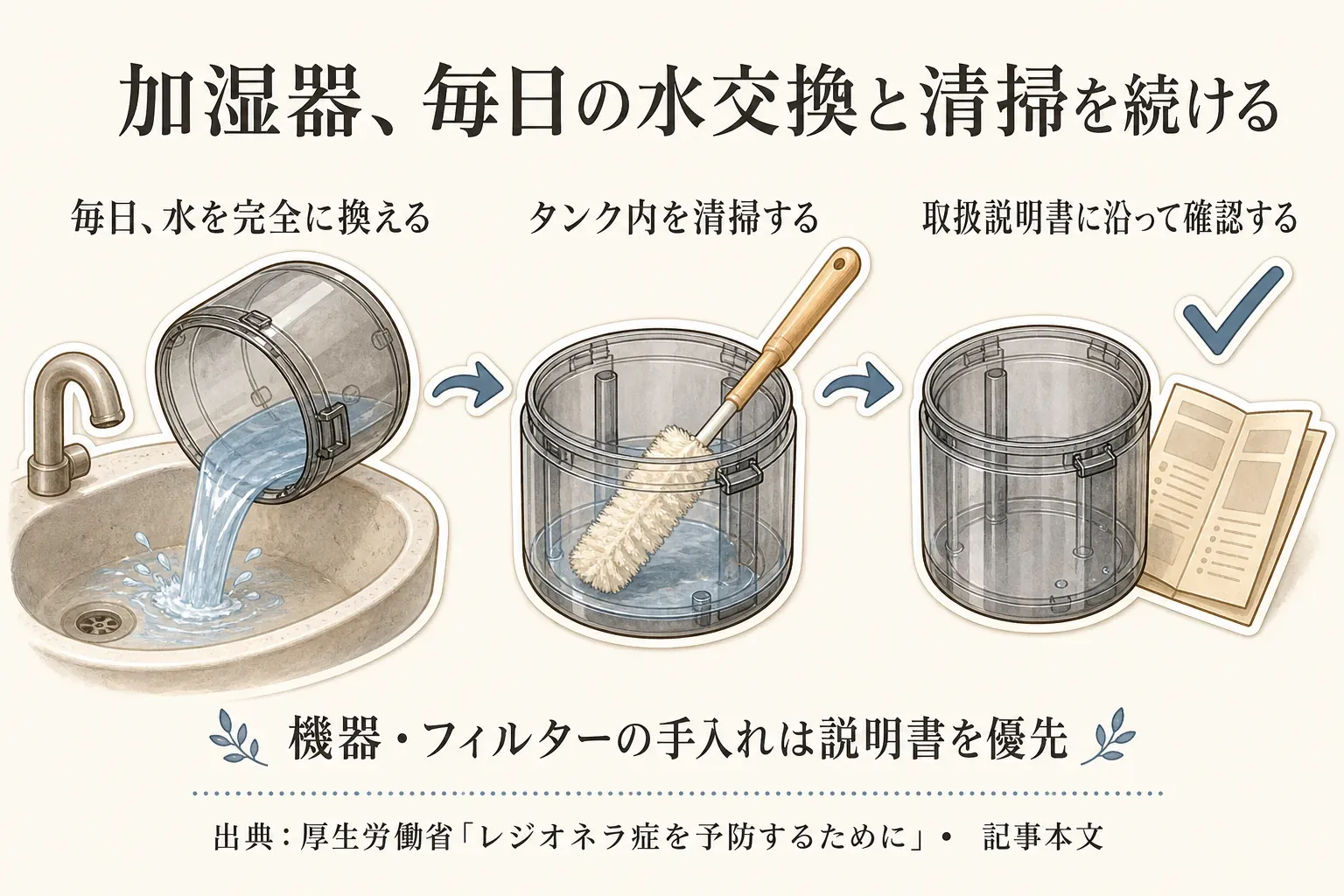 加湿器の毎日の手入れとして、タンクの水を完全に換える、タンク内を清掃する、取扱説明書に沿って確認する手順と、機器・フィルターの手入れは説明書を優先することを示した図。出典：厚生労働省「レジオネラ症を予防するために」、記事本文