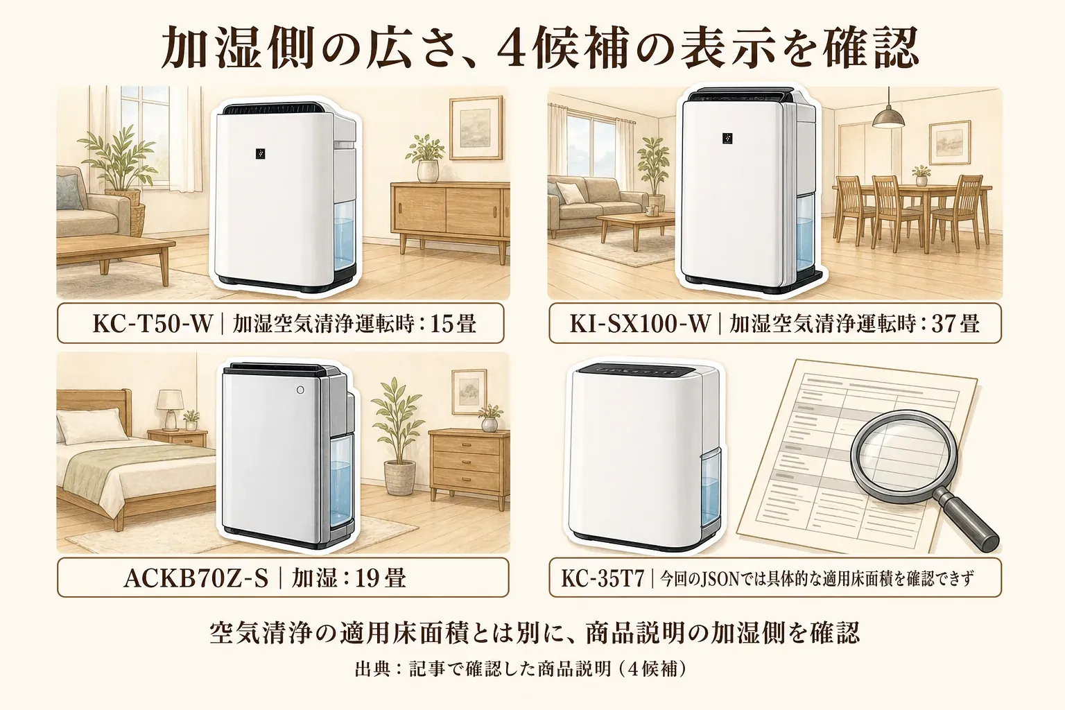 加湿空気清浄機4候補の加湿側の適用床面積を示す図。シャープKC-T50-Wは加湿空気清浄運転時15畳、シャープKI-SX100-Wは同37畳、ダイキンACKB70Z-Sは加湿19畳で、シャープKC-35T7は今回のJSONでは具体的な適用床面積を確認できないと示し、空気清浄の広さとは別に加湿側の表示を確認するよう案内している。出典：記事で確認した商品説明（4候補）
