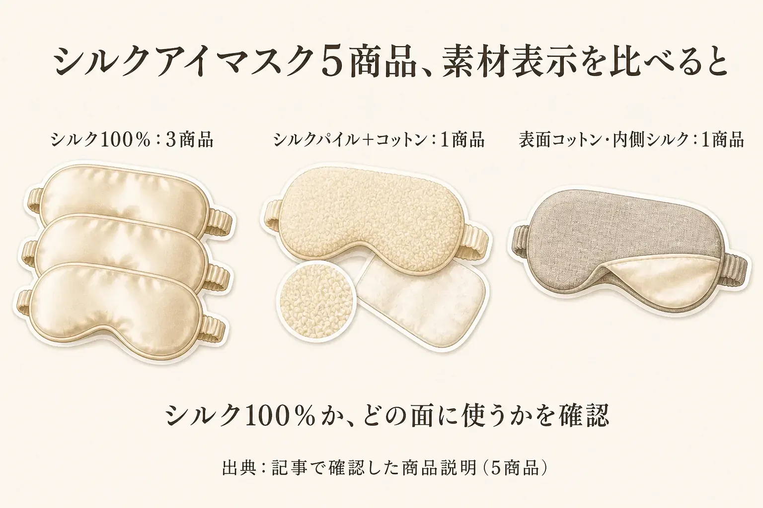 シルク素材のアイマスク5商品を、シルク100％の3商品、シルクパイルとコットンを組み合わせた1商品、表面コットン・内側シルクの1商品に分け、シルク100％かどの面に使われているかを確認する図。出典：記事で確認した商品説明（5商品）