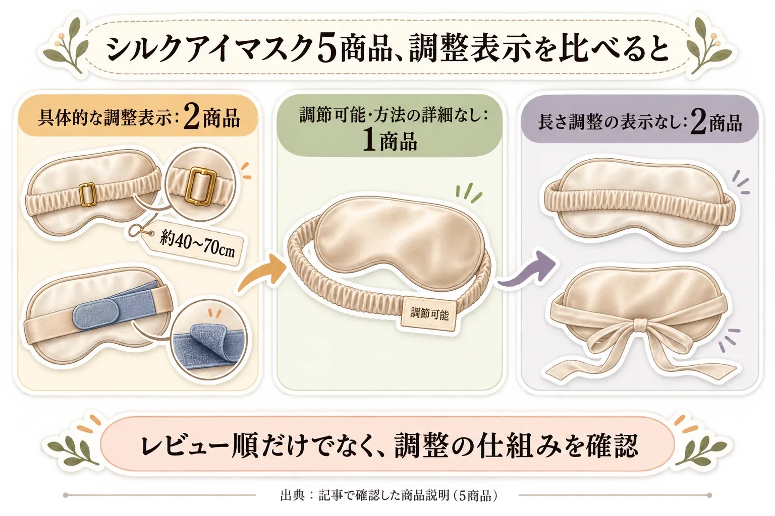 シルク素材のアイマスク5商品の調整表示を、約40〜70cmのゴムバンドとマジックテープで具体的に調整できる2商品、調節可能だが方法の詳細がない1商品、長さ調整の表示がない2商品に分け、レビュー順だけでなく調整の仕組みを確認する図。出典：記事で確認した商品説明（5商品）