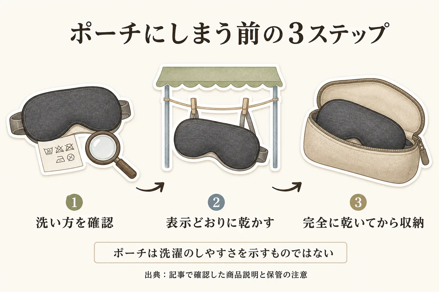 アイマスクをポーチにしまう前の3ステップとして、洗い方を確認する、取扱表示どおりに干して乾かす、完全に乾いてからポーチへ収納する流れを示し、ポーチの有無は洗濯のしやすさを示すものではないと説明した図。出典：記事で確認した商品説明と保管時の注意